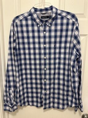 Nautica Blue and White Plaid Button-Down Shirt XXL